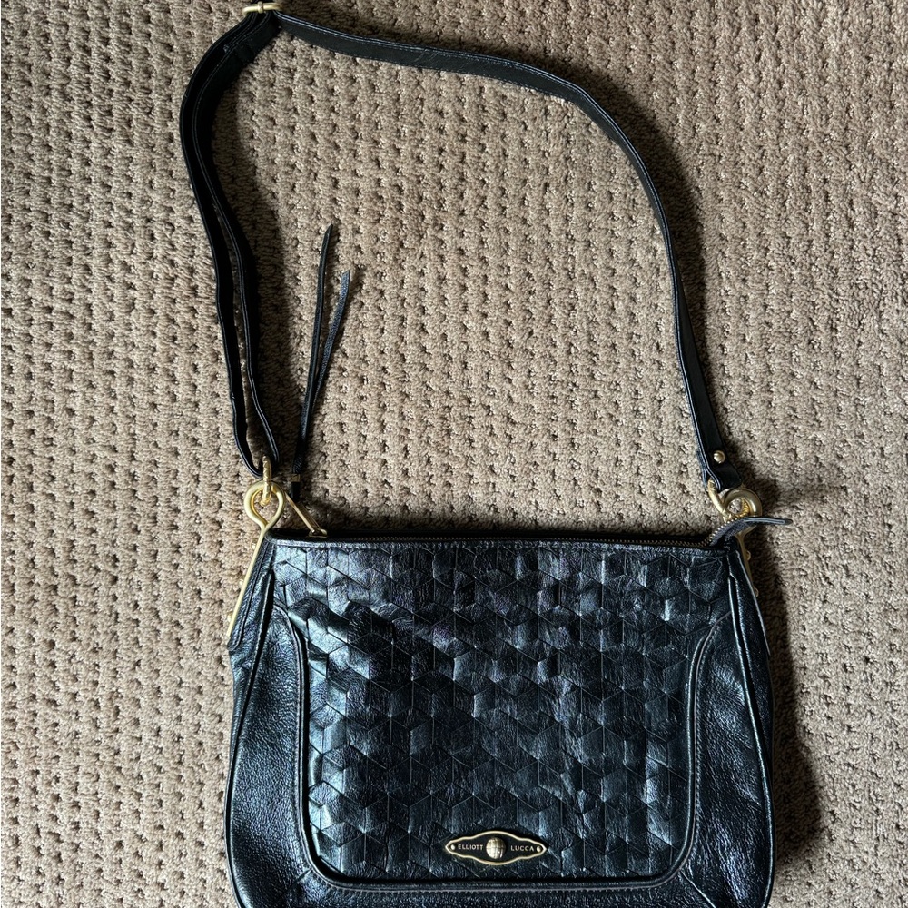 Elliott Lucca Black Textured Real Leather Shoulder Bag NWT- authentic card